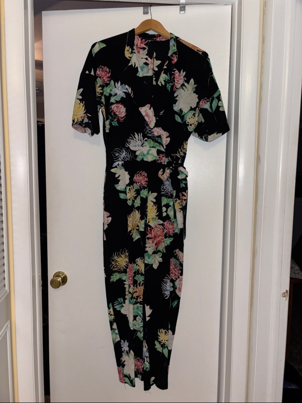 Zara Black Floral Short Sleeve Wrap Jumpsuit